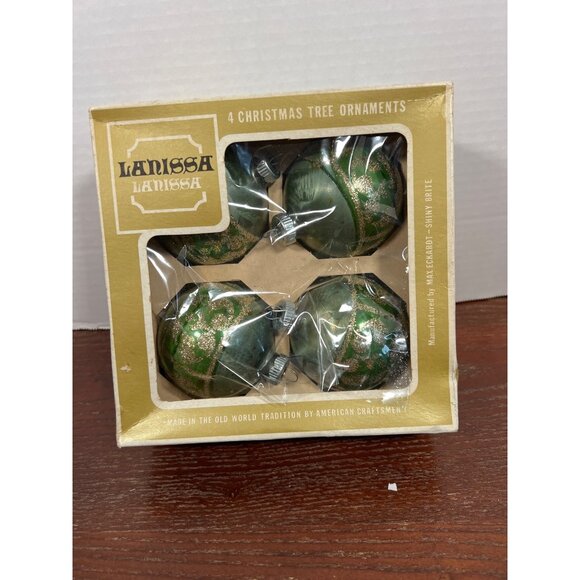 Shiny Brite Lanissa 4-Piece Green & Gold Glass Christmas Tree Ornaments Vintage - Picture 1 of 3